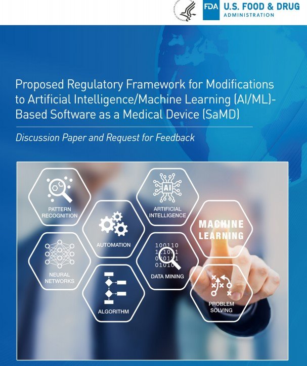 Proposed Regulatory Framework for Modifications to Artificial Intelligence/Machine Learning (AI/ML)-Based Software as a Medical Device (SaMD) 的封面，本篇文章的主角。